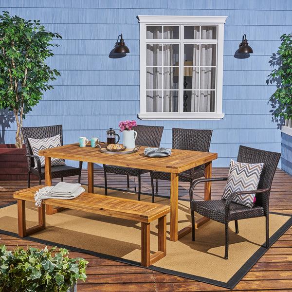 Gdf Studio Eric Outdoor 6-Seater Wood And Wicker Chair And Bench Dining Set