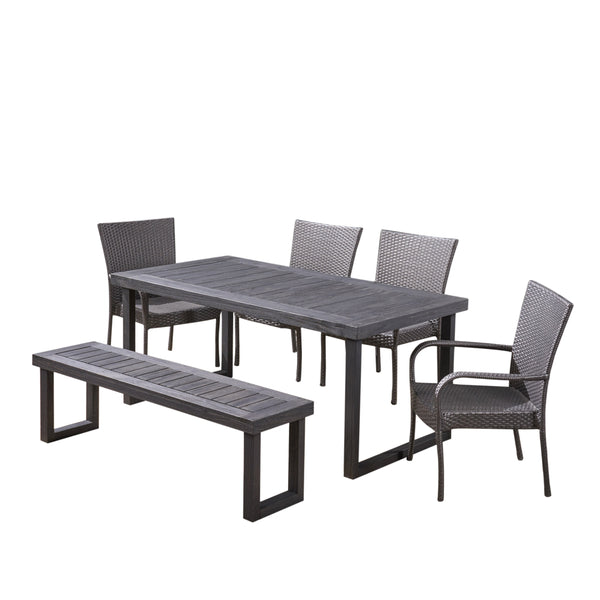gdf studio Eric Outdoor 6-Seater Wood and Wicker Chair and Bench Dining Set