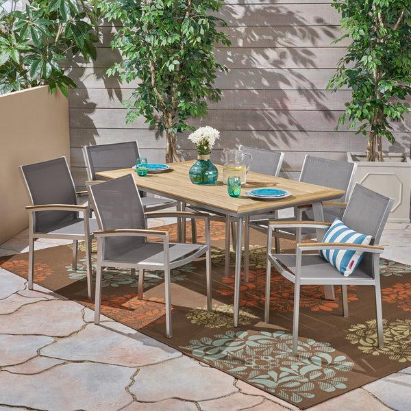Gdf Studio Erma Outdoor Aluminum 7-Piece Dining Set With Mesh Chairs And Faux Wood Top