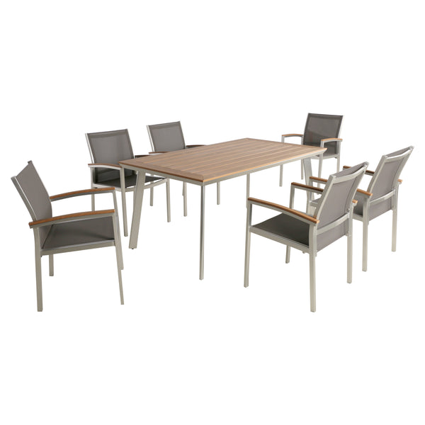 gdf studio Erma Outdoor Aluminum 7-Piece Dining Set with Mesh Chairs and Faux Wood Top