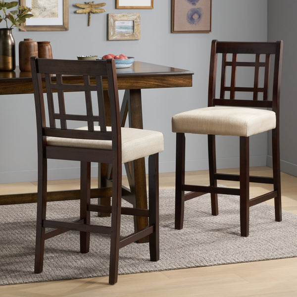 Gdf Studio Etodens 26-Inch Brown Mahogany Acacia Counterstool With Beige Cushion (Set Of 2)