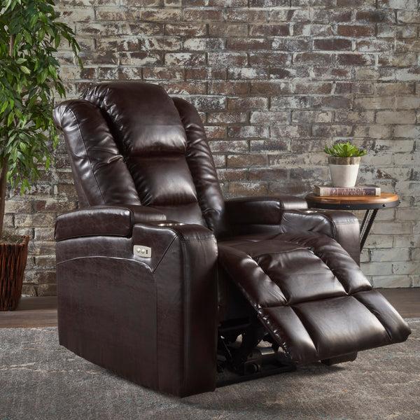 Gdf Studio Everette Brown Leather Power Recliner With Storage Cup Holder And USB Charger
