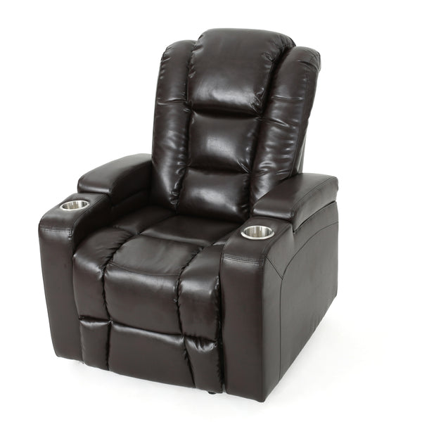 gdf studio Everette Brown Leather Power Recliner With Storage Cup Holder and USB Charger
