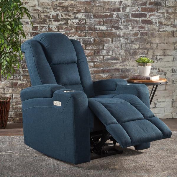 Gdf Studio Everette Fabric Power Recliner With Cup Holder USB Charger And Storage