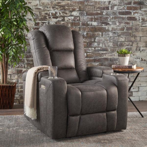 Gdf Studio Everette Microfiber Power Recliner With Storage USB Charger And Cup Holder