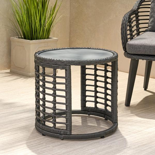 Gdf Studio Evvy Outdoor Modern Boho Wicker Side Table With Tempered Glass Top