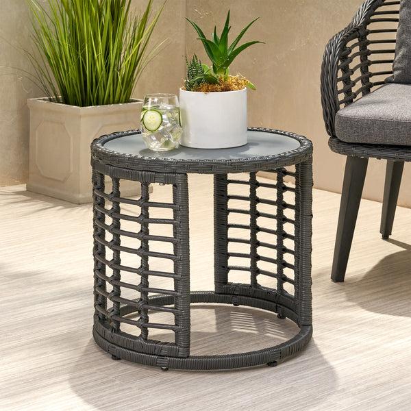 Gdf Studio Evvy Outdoor Modern Boho Wicker Side Table With Tempered Glass Top