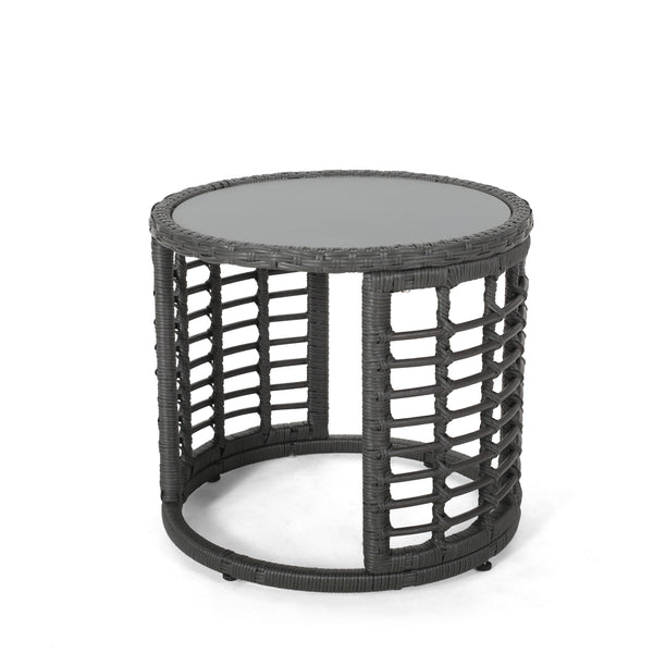 gdf studio Evvy Outdoor Modern Boho Wicker Side Table with Tempered Glass Top