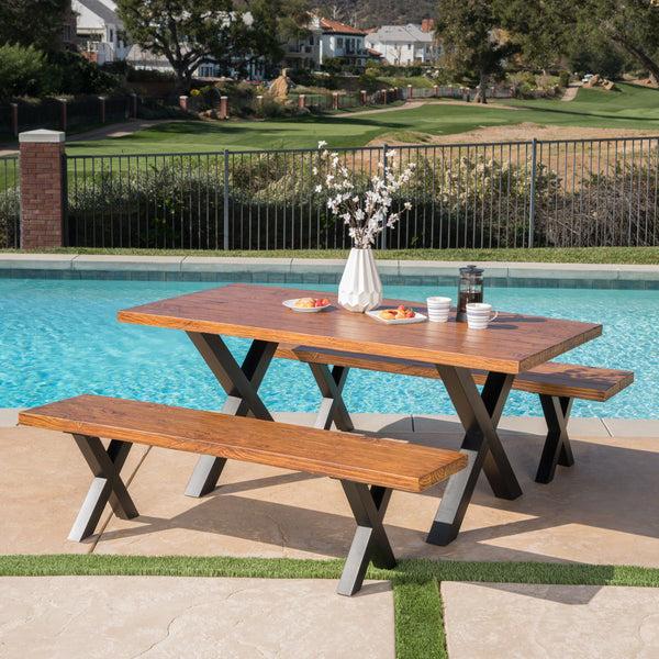 Gdf Studio Falah Outdoor 3 Piece Brown Walnut Finish Lightweight Concrete Picnic Set