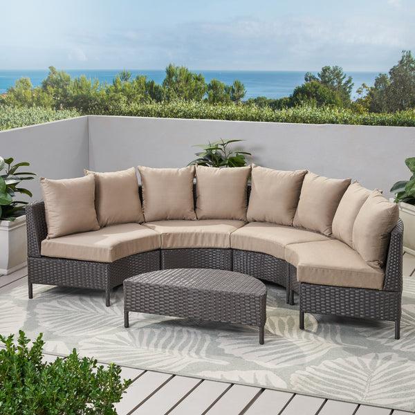 Gdf Studio Falkland Outdoor 4 Seater Curved Wicker Sectional Sofa Set With Coffee Table