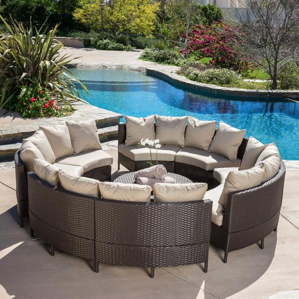Gdf Studio Falkland Outdoor 8 Seater Round Wicker Sectional Sofa Set With Coffee Tables