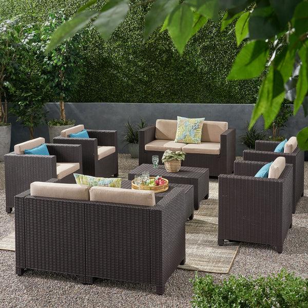 gdf studio Farirra Outdoor Faux Wicker 8 Seater Chat Set with Cushions