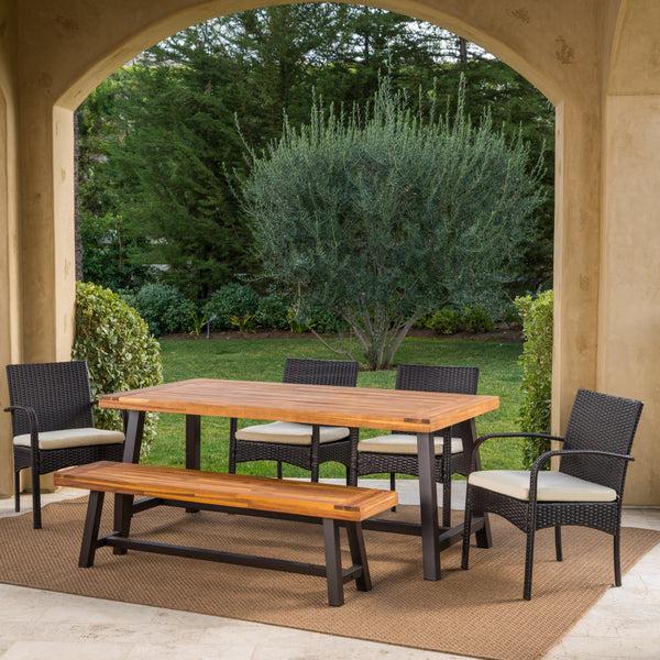 Gdf Studio Fawm Outdoor 6 Piece Iron And Wood Dining Set With 4 Wicker Dining Chairs