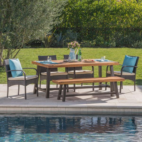 Gdf Studio Fawm Outdoor 6 Piece Iron And Wood Dining Set With 4 Wicker Dining Chairs
