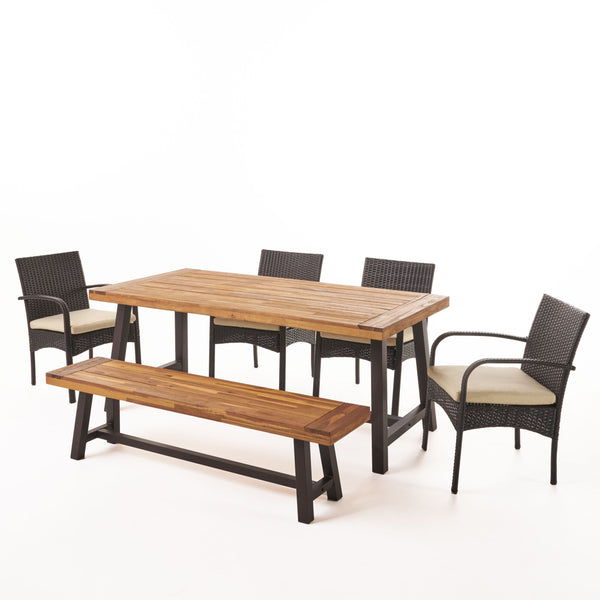 gdf studio Fawm Outdoor 6 Piece Iron and Wood Dining Set with 4 Wicker Dining Chairs