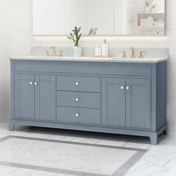 Gdf Studio Feldspar Contemporary 72" Wood Double Sink Bathroom Vanity With Marble Counter Top With Carrara White Marble