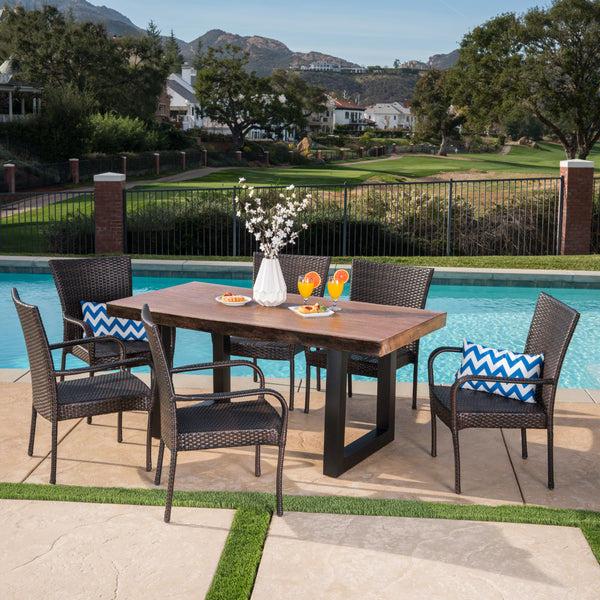Gdf Studio Fern Outdoor 7 Piece Stacking Multi-brown Wicker And Concrete Dining Set