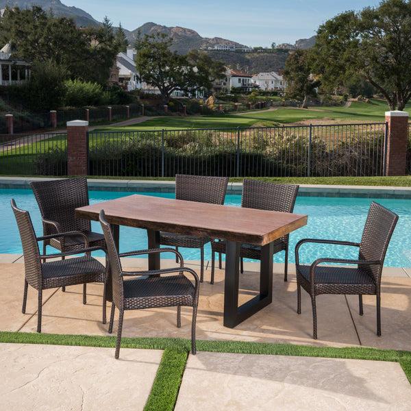 Gdf Studio Fern Outdoor 7 Piece Stacking Multi-brown Wicker And Concrete Dining Set