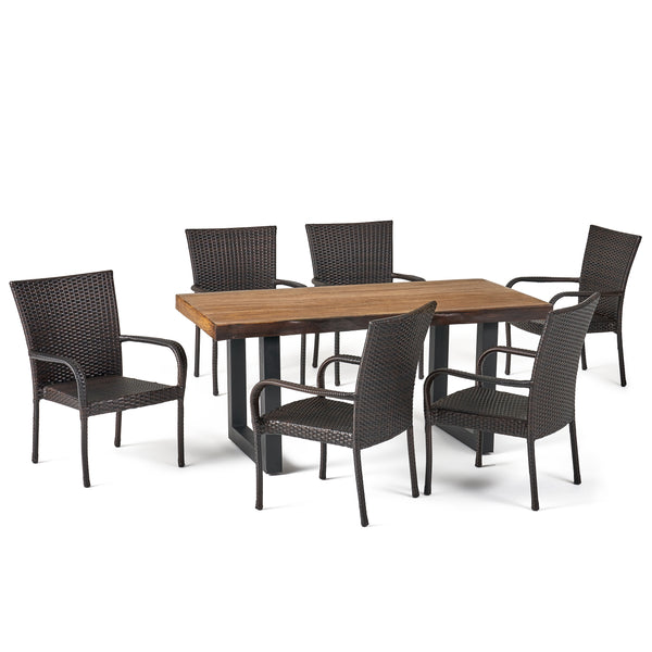 gdf studio Fern Outdoor 7 Piece Stacking Multi-brown Wicker and Concrete Dining Set