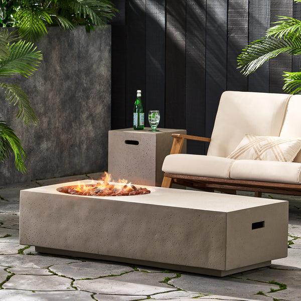 Gdf Studio Fernhill Outdoor 50 000 BTU Lightweight Concrete Rectangular Fire Pit Table With Tank Holder Light Gray