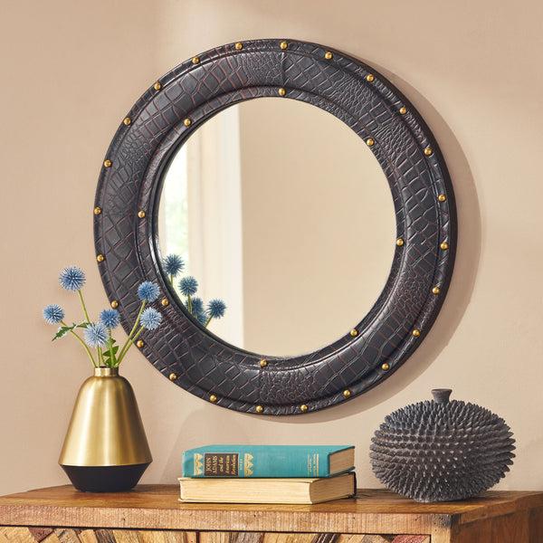 Gdf Studio Fieldwood Handcrafted Boho Studded Croco Leather Round Wall Mirror