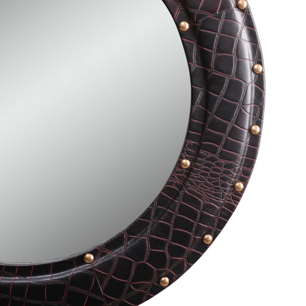Gdf Studio Fieldwood Handcrafted Boho Studded Croco Leather Round Wall Mirror