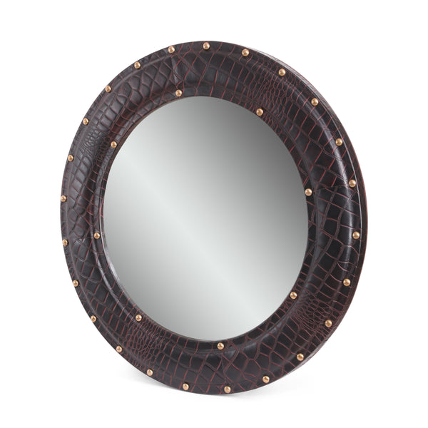 gdf studio Fieldwood Handcrafted Boho Studded Croco Leather Round Wall Mirror