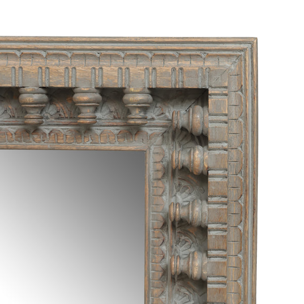 Gdf Studio Finn Boho Handcrafted Mango Wood Carved Hanging Floor Mirror Distressed Gray