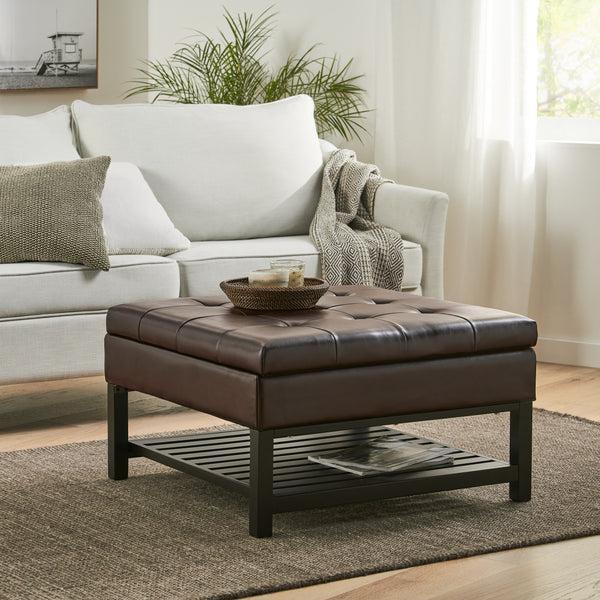Gdf Studio Finn Tufted Brown Leather Square Storage Ottoman Coffee Table