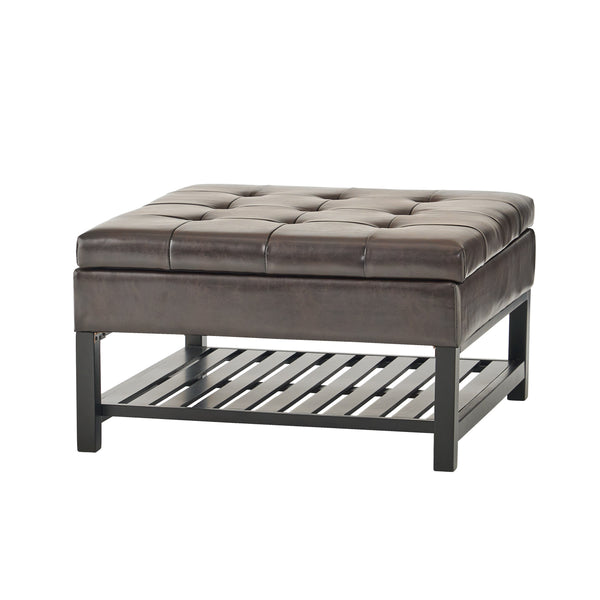 gdf studio Finn Tufted Brown Leather Square Storage Ottoman Coffee Table