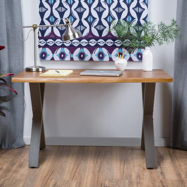 Gdf Studio Fitzgerald Farmhouse Teak Finish Acacia Wood Desk With Black X-Frame Legs
