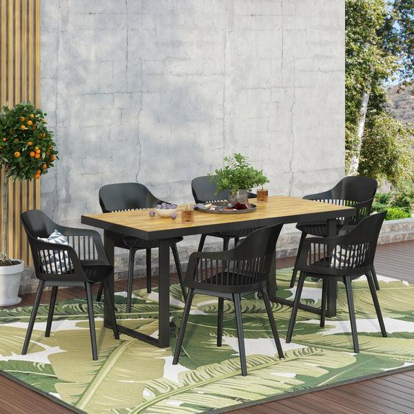 Gdf Studio Flora Outdoor Wood And Resin 7 Piece Dining Set Black And Teak