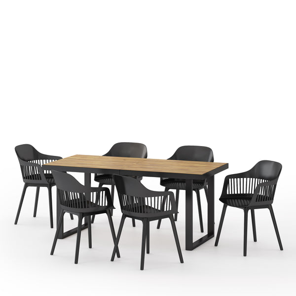 gdf studio Flora Outdoor Wood and Resin 7 Piece Dining Set Black and Teak