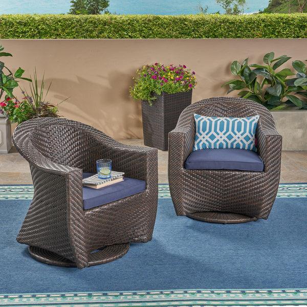 Gdf Studio Florence Patio Swivel Chairs Wicker With Outdoor Cushions Multi-Brown And Navy Blue
