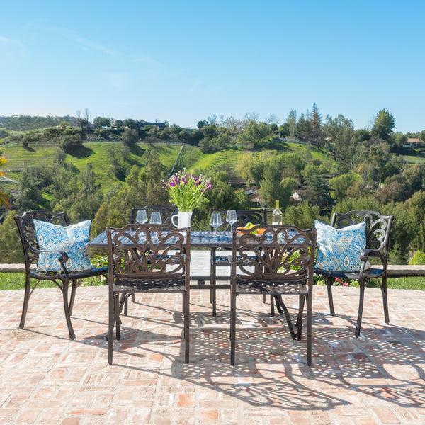 Gdf Studio Fonzo Outdoor 7 Piece Bronze Cast Aluminum Rectangular Dining Set
