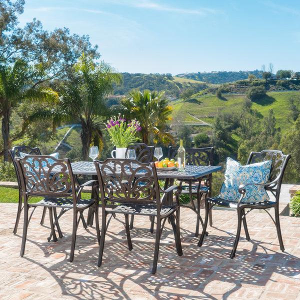 Gdf Studio Fonzo Outdoor 7 Piece Bronze Cast Aluminum Rectangular Dining Set