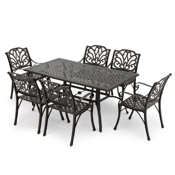 gdf studio Fonzo Outdoor 7 Piece Bronze Cast Aluminum Rectangular Dining Set