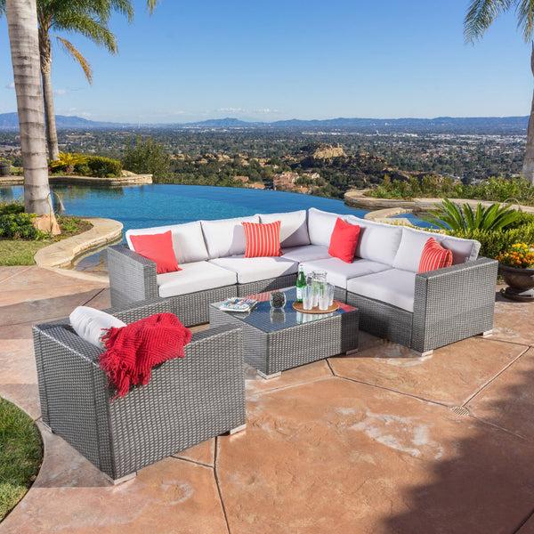 Gdf Studio Francisco 7pc Outdoor Gray Wicker Seating Sectional Set W/ Cushions