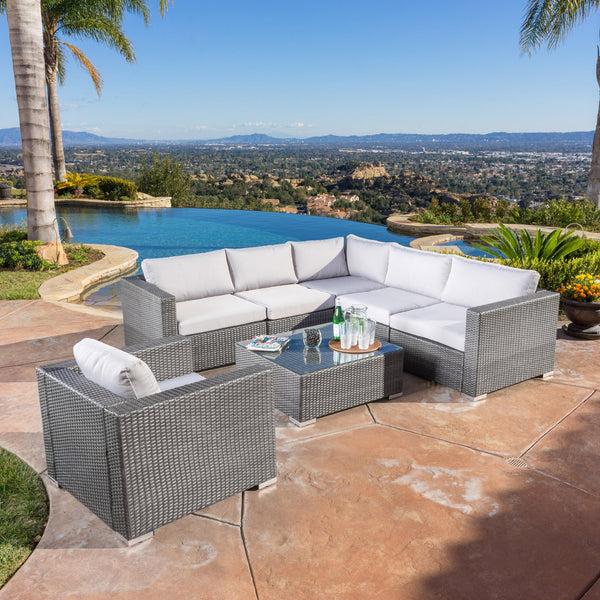 Gdf Studio Francisco 7pc Outdoor Gray Wicker Seating Sectional Set W/ Cushions