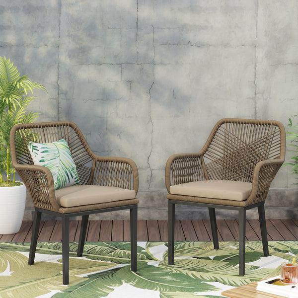 Gdf Studio Fromberg Outdoor Wicker Dining Chair With Cushion Set Of 2 Light Brown And Beige