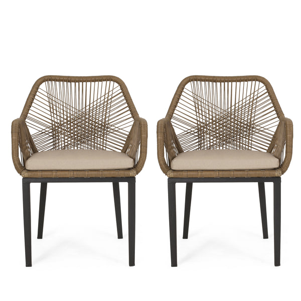 gdf studio Fromberg Outdoor Wicker Dining Chair with Cushion Set of 2 Light Brown and Beige