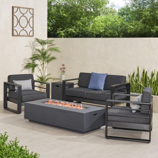 gdf studio Gadd Outdoor Aluminum 4 Seater Chat Set with Fire Pit