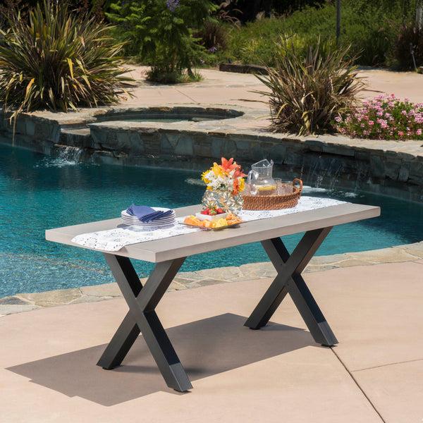Gdf Studio Galatian Outdoor White Lightweight Concrete Dining Table W/ Black Iron Legs