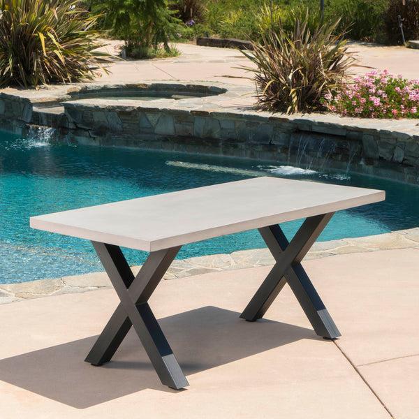 Gdf Studio Galatian Outdoor White Lightweight Concrete Dining Table W/ Black Iron Legs