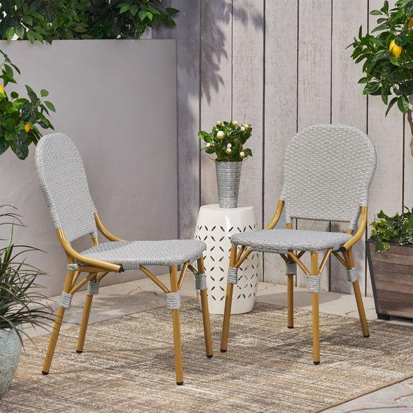 Gdf Studio Gallia Outdoor Aluminum French Bistro Chairs Set Of 2 Grey And Bamboo Finish