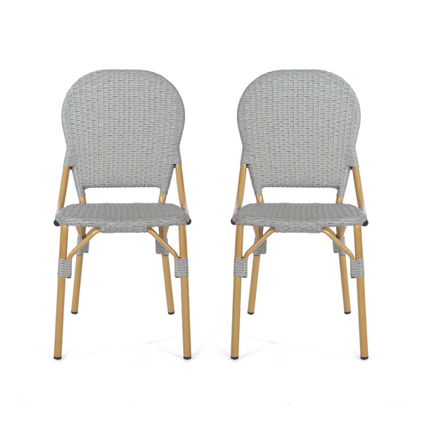 gdf studio Gallia Outdoor Aluminum French Bistro Chairs Set of 2 Grey and Bamboo Finish