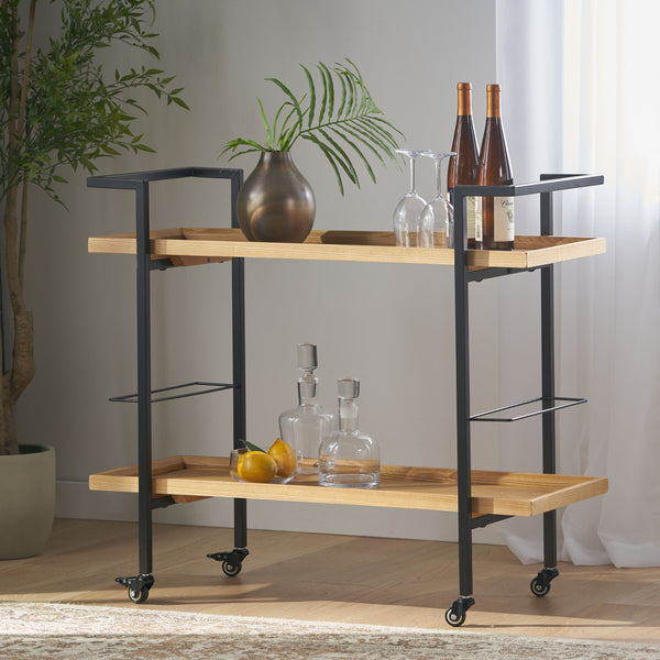 Gdf Studio Gerard Modern Industrial Two Shelf Wood Finished Bar Cart With Rolling Casters