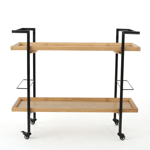 gdf studio Gerard Modern Industrial Two Shelf Wood Finished Bar Cart with Rolling Casters