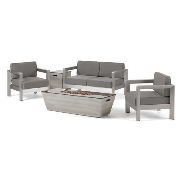 gdf studio Gianelle Outdoor Modern 4 Seater Aluminum Chat Set with Fire Pit and Tank Holder