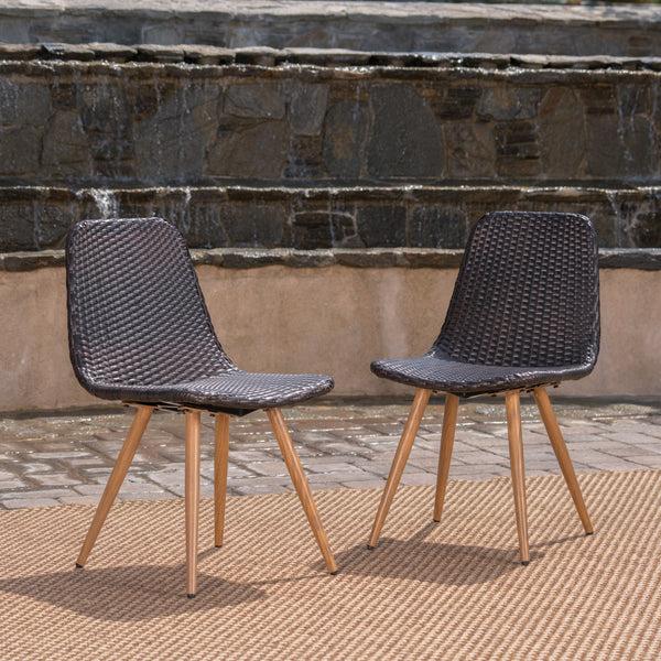 Gdf Studio Gilda Outdoor Multi-Brown Wicker Dining Chairs With Wood Finished Metal Legs